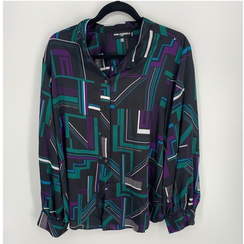 Karl Lagerfeld Paris Womens XL Geometric Abstract Print Button Down Blouse Black